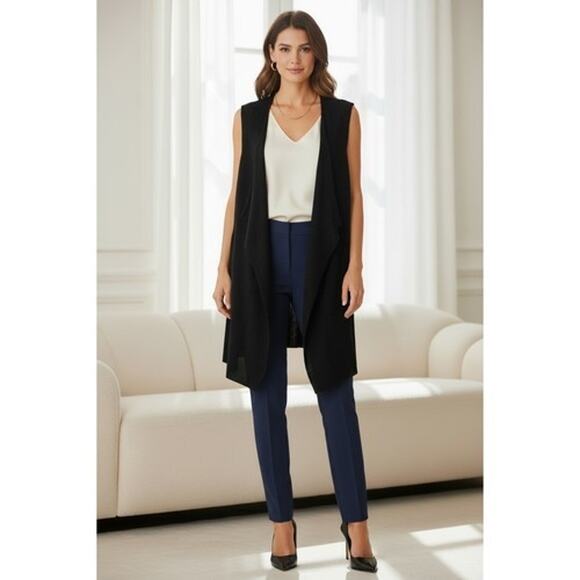 Eileen Fisher Sweaters - Eileen Fisher Vest L Black Wool Italian Yarn Waterfall Open Front Long Cardigan